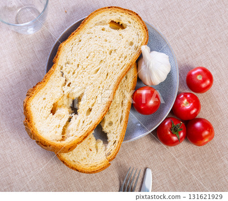 Ingredients for traditional Spanish appetizer Pa amb tomaquet 131621929