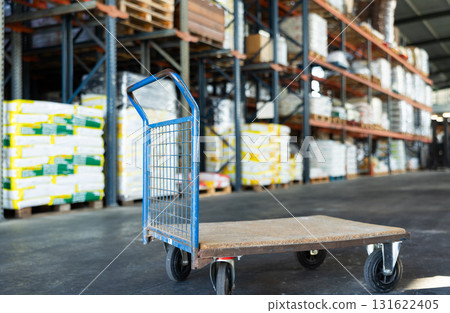 Empty platform hand truck standing in warehouse of hypermarket 131622405