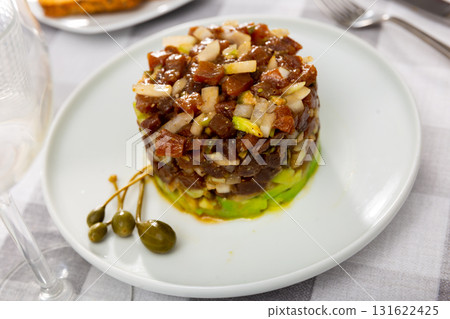 Tuna tartare appetizer served on platter Tuna tartare appetizer served on platter 131622425