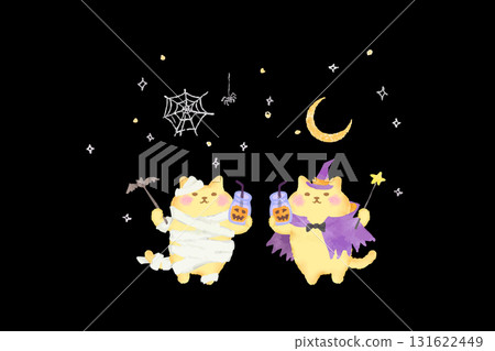 Watercolor illustration of a cute cat dressed up in Halloween costume toasting Watercolor illustration of a cute cat dressed up in Halloween costume toasting 131622449