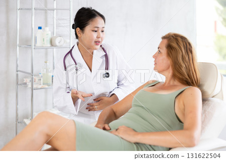 Woman consulting doctor in cosmetology clinic before starting an operation 131622504