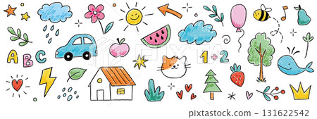 Kid crayon child hand drawn background. Crayon pencil stroke school doodle flower, cartoon sun, rainbow summer elements. Kid style cute star, tree, heart shapes background. Vector 131622542