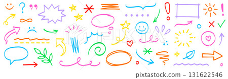 Marker drawn arrow, cloud, star vector element set. Hand drawn marker pen line stroke star, heart, underline elements. Sketch style colorful kid brush arrow, check symbols. Vector 131622546