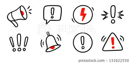 Doodle red exclamation mark, warning sign set. Hand drawn caution signs and warning marks highlight toxic risk, exclamation mark or alert notifications. Doodle stop notification. Vector Doodle red exclamation mark, warning sign set. Hand drawn caution signs and warning marks highlight toxic risk, exclamation mark or alert notifications. Doodle stop notification. Vector 131622550