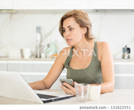 Middle-aged woman working on notebook in the kitchen Middle-aged woman working on notebook in the kitchen 131622551