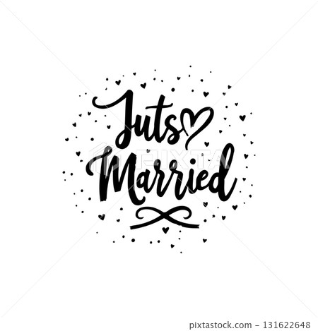 Elegant Just Married Calligraphy Design with Hearts for Wedding Celebrations Elegant Just Married Calligraphy Design with Hearts for Wedding Celebrations 131622648