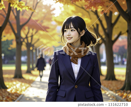 Anime-style illustration of a female student walking along a tree-lined path in autumn Anime-style illustration of a female student walking along a tree-lined path in autumn 131622710