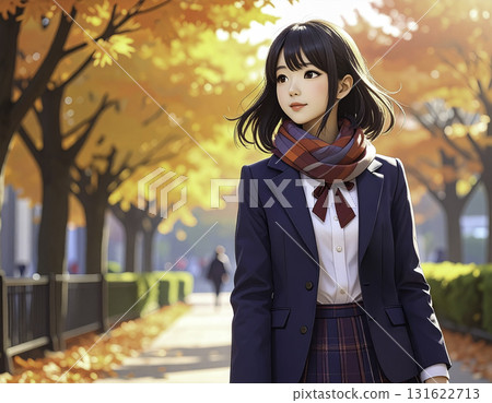 Anime-style illustration of a female student walking along a tree-lined path in autumn 131622713