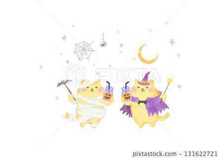 Watercolor illustration of a cute cat dressed up in Halloween costume toasting 131622721