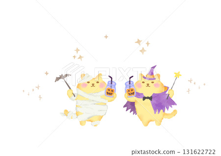 穿著萬聖節服裝敬酒的可愛貓咪的水彩畫 131622722