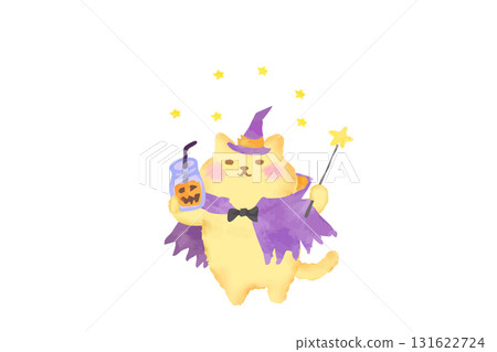 穿著萬聖節服裝敬酒的可愛貓咪的水彩畫 131622724