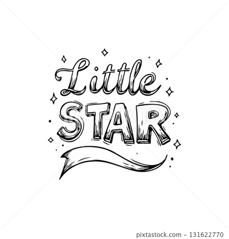 Whimsical 'Little Star' Hand-Drawn Illustration with Sparkling Accents and Elegant Banner 131622770
