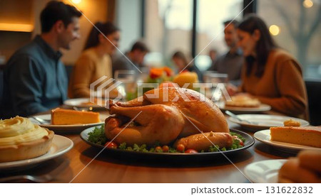 Friends enjoying a festive meal at a table, with a roast turkey and pumpkin pie, celebrating gratitude in a cozy home 131622832