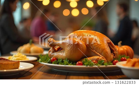 A cozy Friendsgiving gathering with friends at a table, featuring a roast turkey and pumpkin pie in a warm autumn setting 131622833