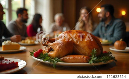 Friends and family sit together at a table, sharing a festive meal with roast turkey and pumpkin pie during the holiday season 131622834