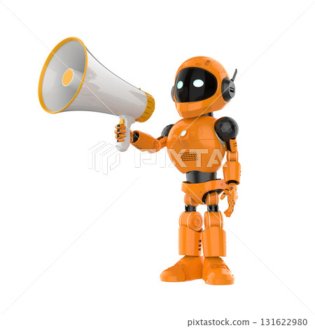 Online marketing with assistant robot holding megaphone 131622980