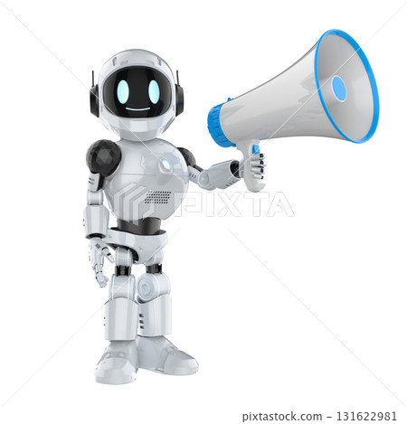 Online marketing with assistant robot holding megaphone 131622981