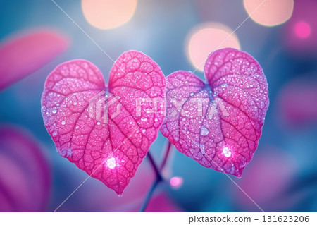 Delicate pink heart-shaped leaves adorned with dew drops shimmer in soft light 131623206