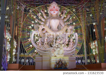 White Monochromatic Goddess Durga Idol in Illuminated Art Pandal 131623530
