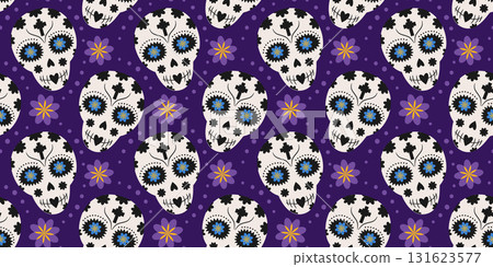 Decorated Sugar Skulls and Flowers Seamless Pattern on Purple Day of the Dead Backdrop Banner Format 131623577