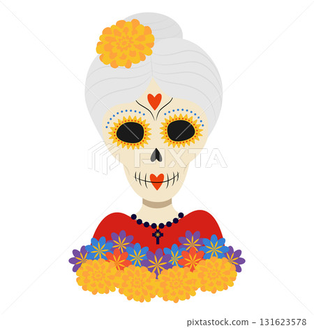 Elderly Woman Sugar Skull with Flower in Hair and Decor on Face Day of the Dead Stylized Character 131623578
