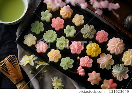 handcrafted Japanese wagashi, specifically delicate nerikiri sweets, placed on an elegant black lacquer tray 131623649