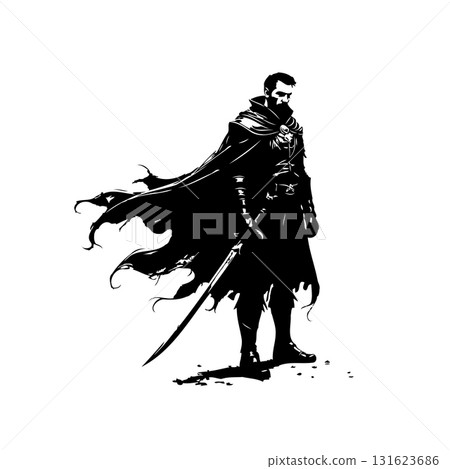 Monochrome Silhouette of a Mysterious Warrior with a Sword in Bold Black and White Monochrome Silhouette of a Mysterious Warrior with a Sword in Bold Black and White 131623686