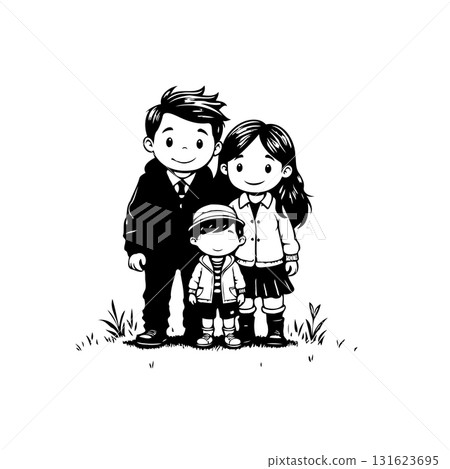 Charming cartoon family portrait showcasing unity, love, and togetherness in black and white 131623695
