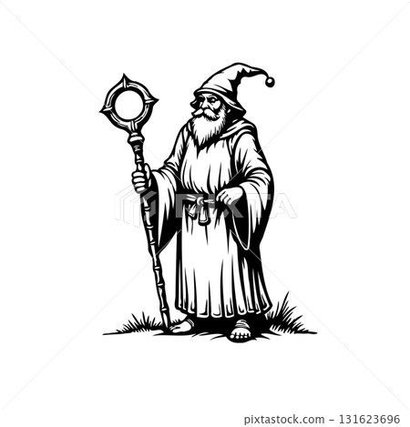 Intricate monochrome vector illustration of a wizard wielding a magical staff 131623696