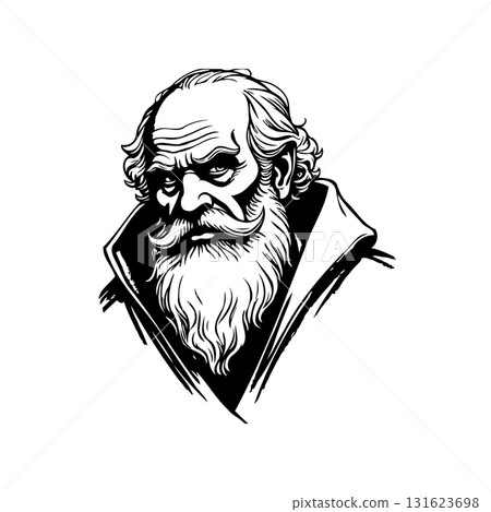 Detailed Black and White Portrait of an Elderly Man with Prominent Beard and Moustache 131623698