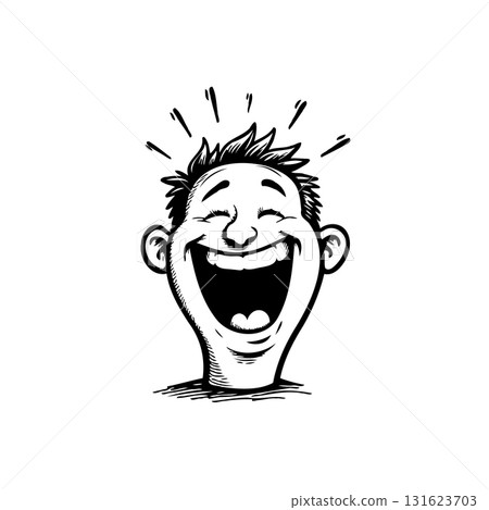 Cartoon drawing of a man laughing hysterically with an open mouth expressing joy 131623703