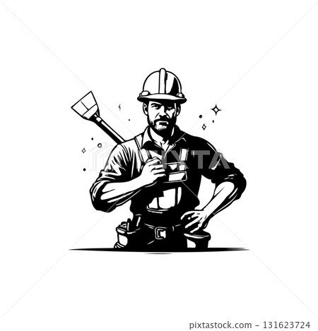 Confident tradesman with plunger, symbol of service, maintenance and repair Confident tradesman with plunger, symbol of service, maintenance and repair 131623724