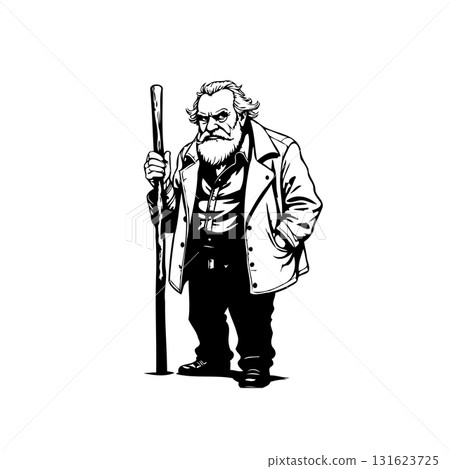 Monochrome illustration of an elderly man with a beard holding a walking stick 131623725