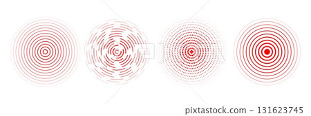 Red radial concentric circle set. Rippled, dashed and dotted rings for epicenter, target, radar, earthquake shockwave symbols. Sound wave signal collection. Vector expansive vibration elements 131623745