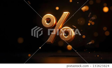 Gold percentage sign set on a black background, emphasizing sales and discounts during the holiday shopping season 131623824