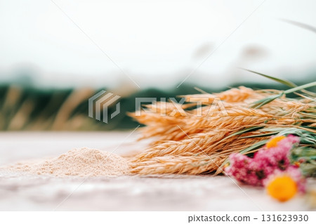 Wheat stalks and colorful flowers displayed on a rustic surface in nature 131623930