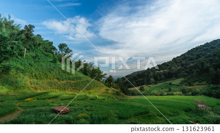 Majestic Green Landscape with Lush Hills and Vibrant Sky during Daytime, Showcasing Nature's Beauty and Serenity in Rural Environment Majestic Green Landscape with Lush Hills and Vibrant Sky during Daytime, Showcasing Nature's Beauty and Serenity in Rural Environment 131623961
