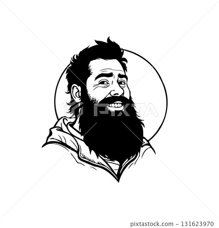 Monochrome portrait illustration of a smiling man with a thick beard in a circle 131623970