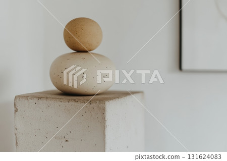 Decorative ceramic sculptures on a wooden pedestal in a modern setting 131624083