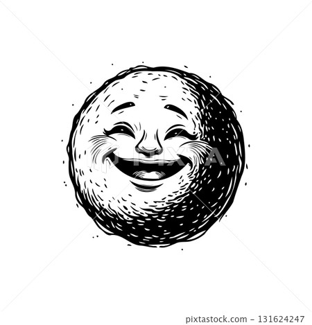 Vintage moon illustration with human face black and white retro style design 131624247