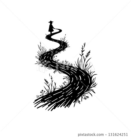 Solitary journey: A minimalist black and white illustration of a winding path ahead Solitary journey: A minimalist black and white illustration of a winding path ahead 131624251