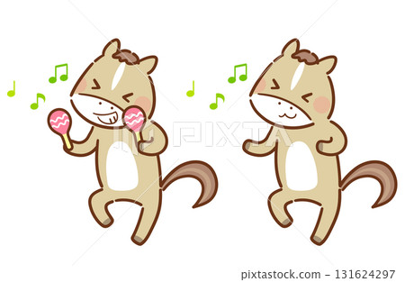 一隻可愛的馬兒拿著沙球快樂地跳舞（新年賀卡，十二生肖材料） 131624297