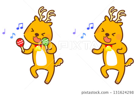 一隻可愛的馴鹿角色拿著沙球跳舞（聖誕節/冬季材料） 131624298