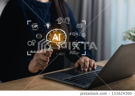 Person using magnifying glass, Engaging with Artificial Intelligence Concepts While Working on Laptop at Wooden Desk in Modern Indoor Workspace 131624300