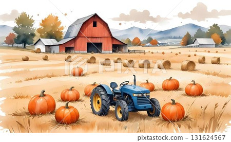 Hand-painted watercolor of a farm featuring pumpkins, a tractor, and autumn foliage, evoking a warm, cozy atmosphere 131624567