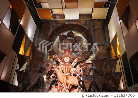 Minimalist Monochromatic Durga Idol in Modern Geometric Abstract Pandal 131624700