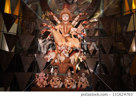 Conceptual Durga Idol with Monochromatic Tone and Geometric Modern Pandal 131624763