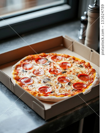 Pepperoni Pizza In Cardboard Box On A Window Sill With Natural Light And Seasoning Pepperoni Pizza In Cardboard Box On A Window Sill With Natural Light And Seasoning 131624789