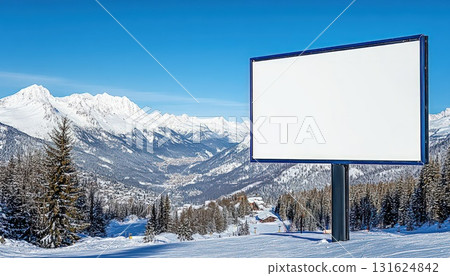 Blank Billboard Against Snowy Mountain Range And Blue Sky in Winter Landscape 131624842