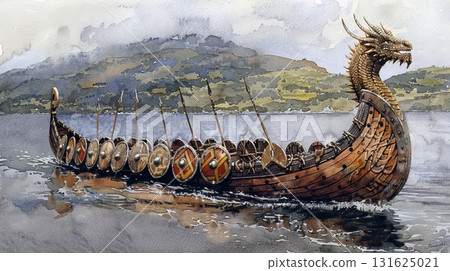 Dragon headed viking drakkar  watercolor painting of warship with shields sailing on calm sea 131625021